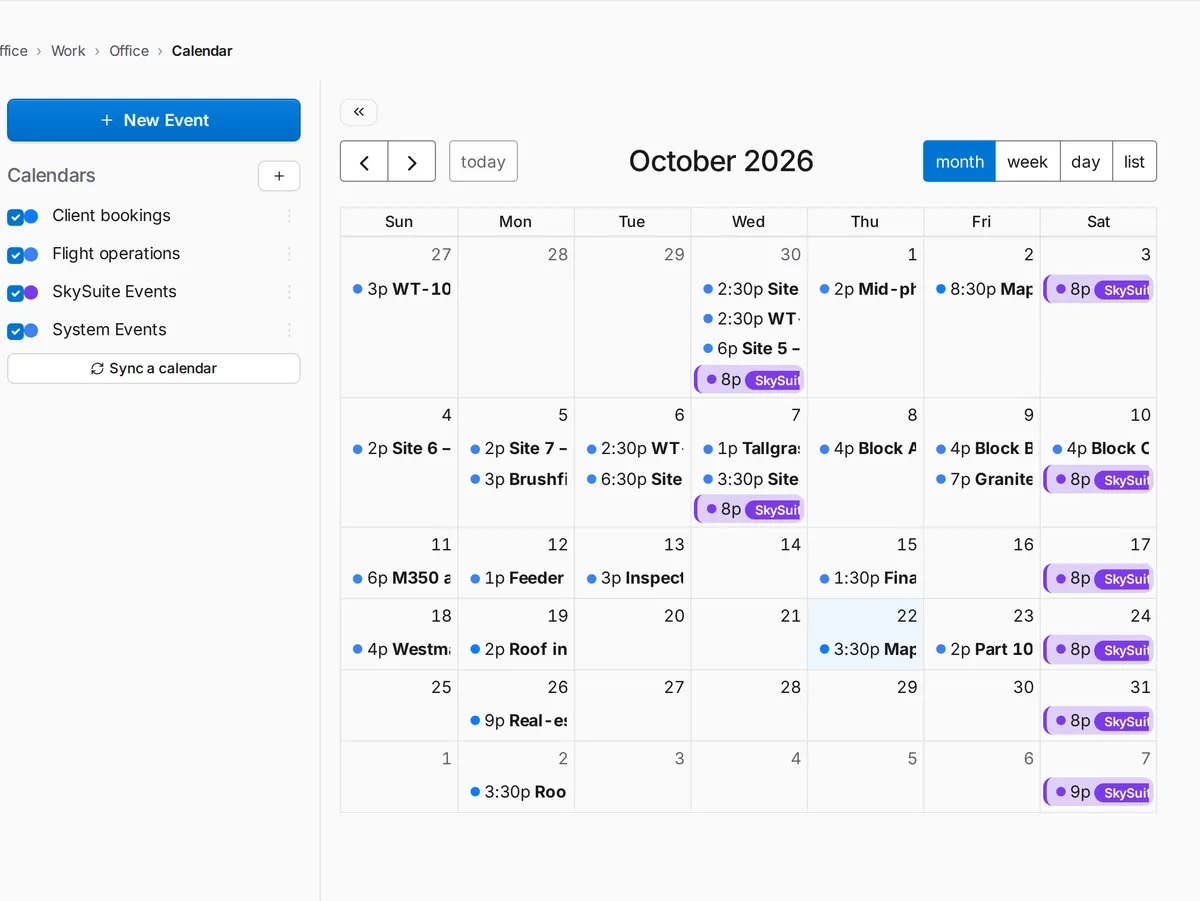 SkySuite Calendar in month view: client bookings, flight operations and site visits through October, with the calendar list and Sync a calendar on the left.