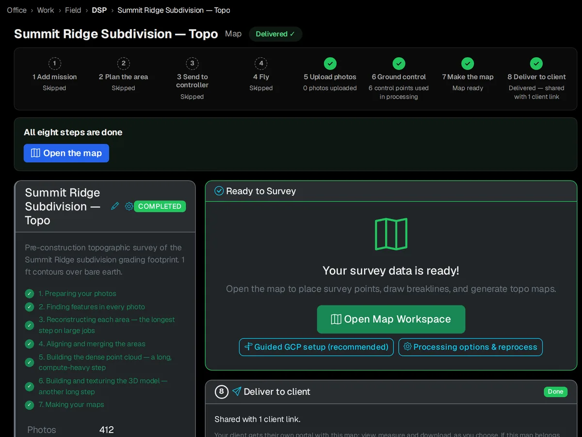 A SkySuite survey project after processing: every job step done, the seven processing stages checked off, and Open Map Workspace, guided GCP setup and processing options.