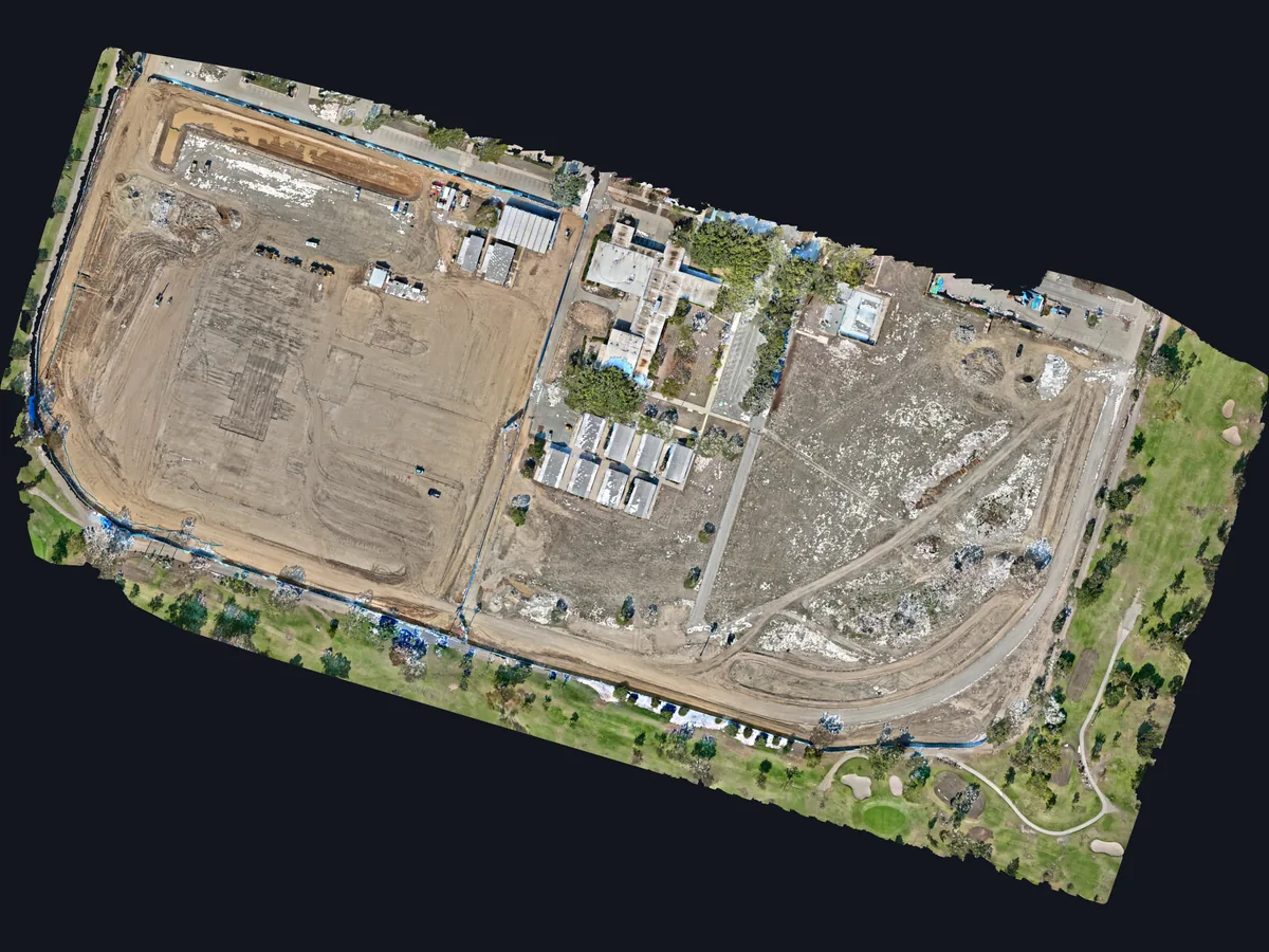 Orthomosaic of a 61-acre Costa Mesa, California construction site, processed by SkyPLX-9 in SkySuite from 1,077 drone photos.