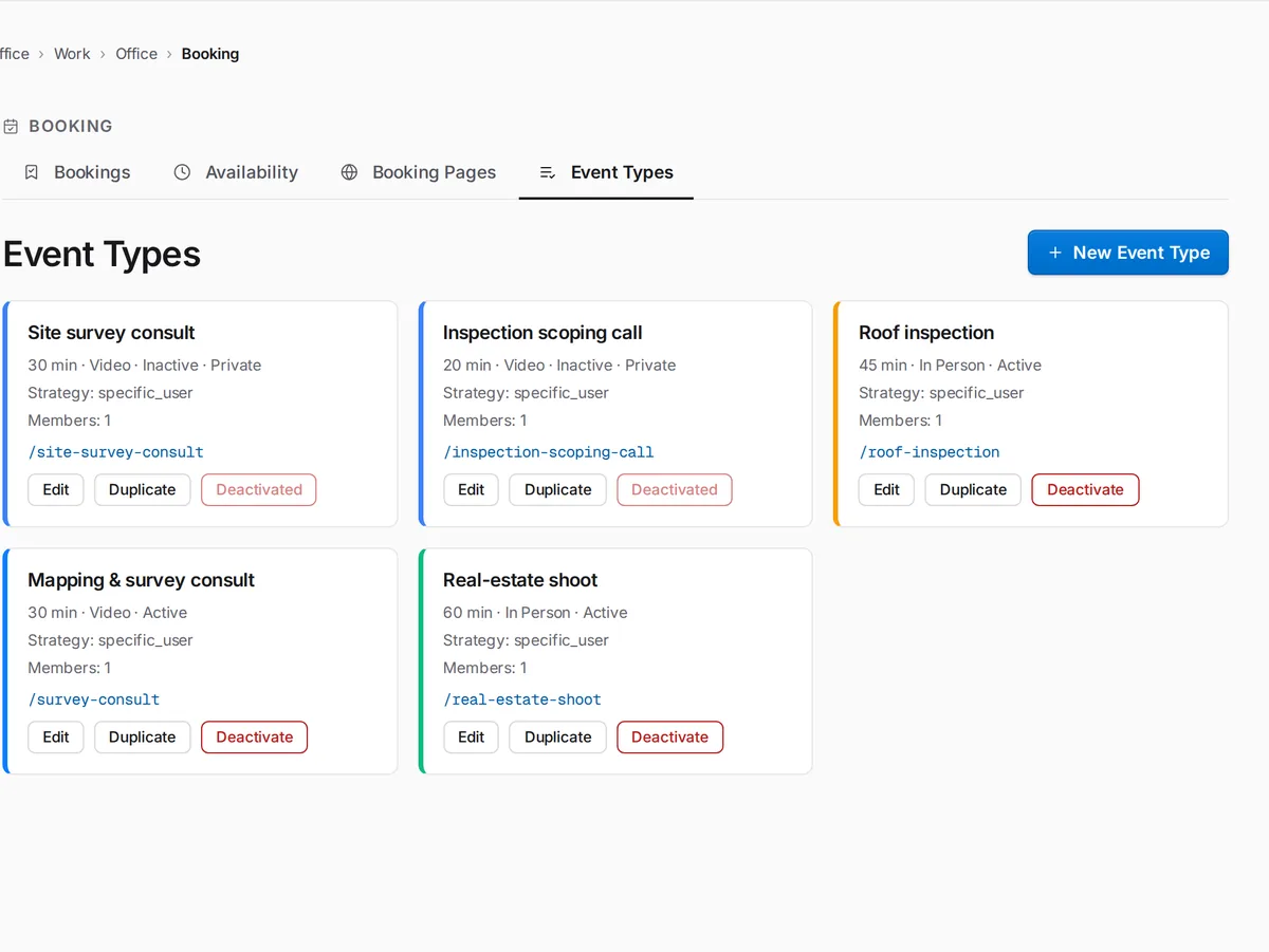 SkySuite booking event types: a site survey consult and an inspection scoping call, each active with its own booking link.
