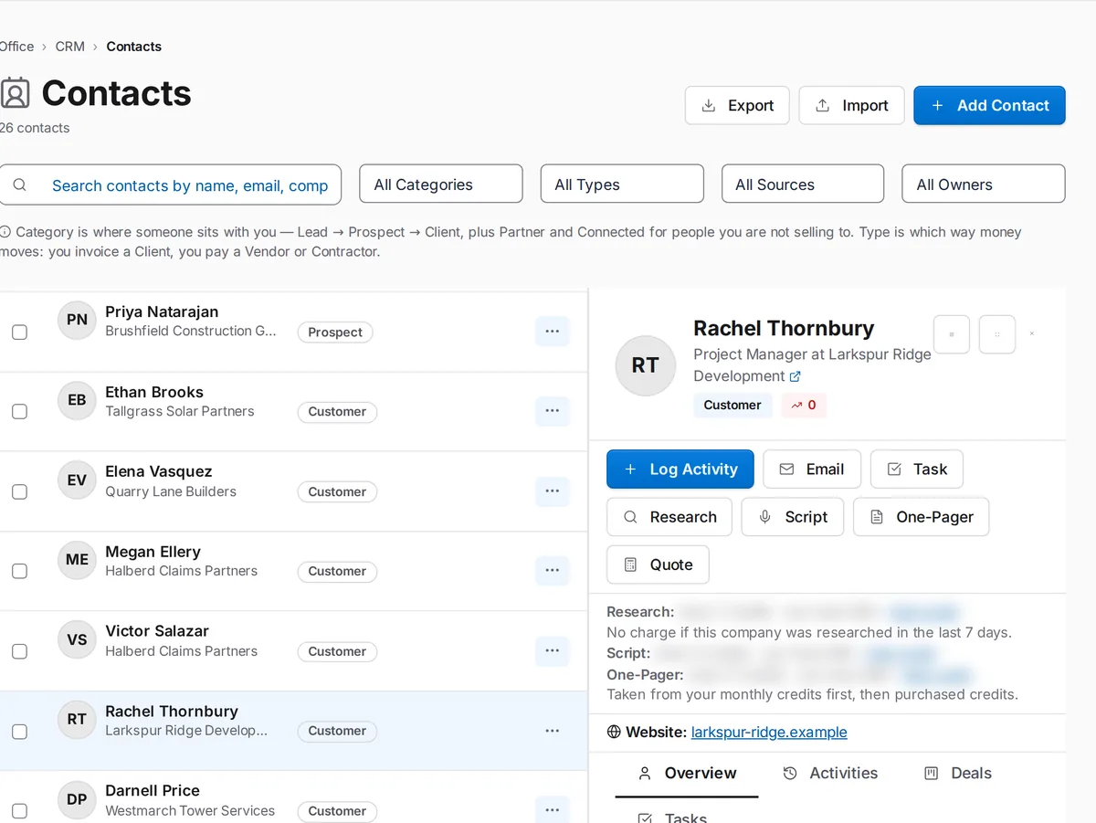 A SkySuite CRM contact record: company, e-mail and phone, the open-invoice total, and a timeline with a signed contract and a replied inbound email, plus emails, deals, tasks and meetings tabs.