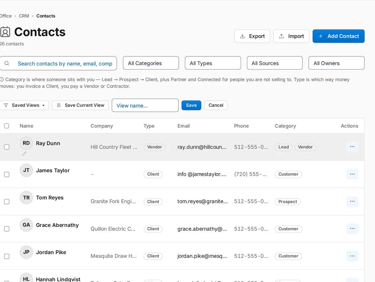 SkySuite CRM contacts: clients and prospects with company, type, e-mail, phone, category and last-contacted columns, plus Import, Export and Add Contact.