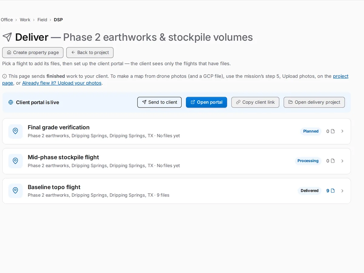 SkySuite Deliver page for a project: the client portal is live, with Send to client and Open portal, and each flight listed with its status (planned, processing, delivered).