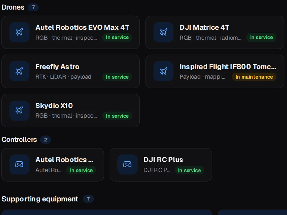 SkySuite drone cards from six makers with capability tags such as RGB, thermal, RTK, LiDAR, payload and mapping, and in-service or maintenance status.
