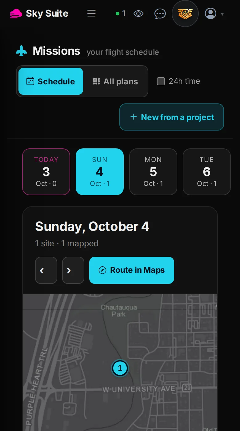 SkySuite in a phone browser: the Missions schedule with a date strip and a mapped site for the selected day.