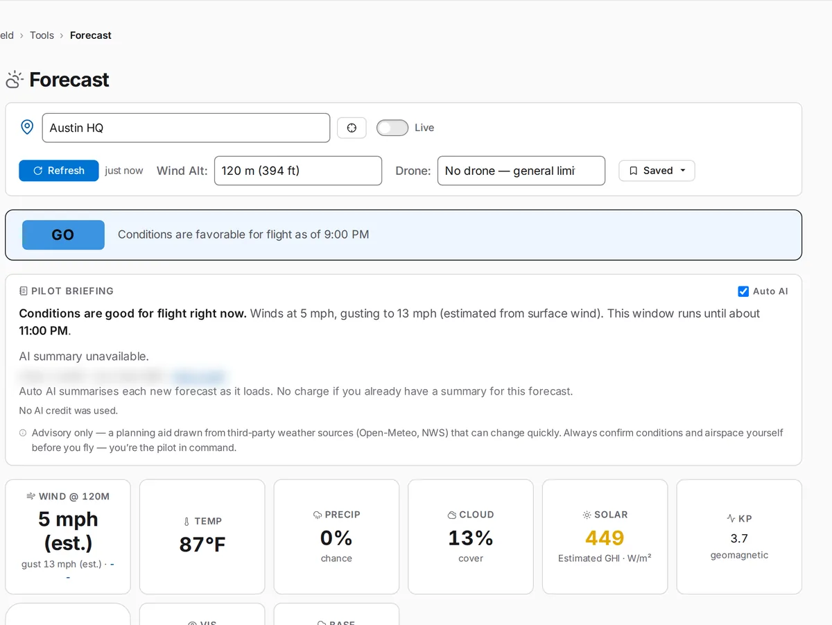 SkySuite Forecast for a site: the current flyability verdict, an AI pilot briefing for the day, and wind, temperature, precipitation, cloud, visibility, cloud-base and fog-risk tiles.