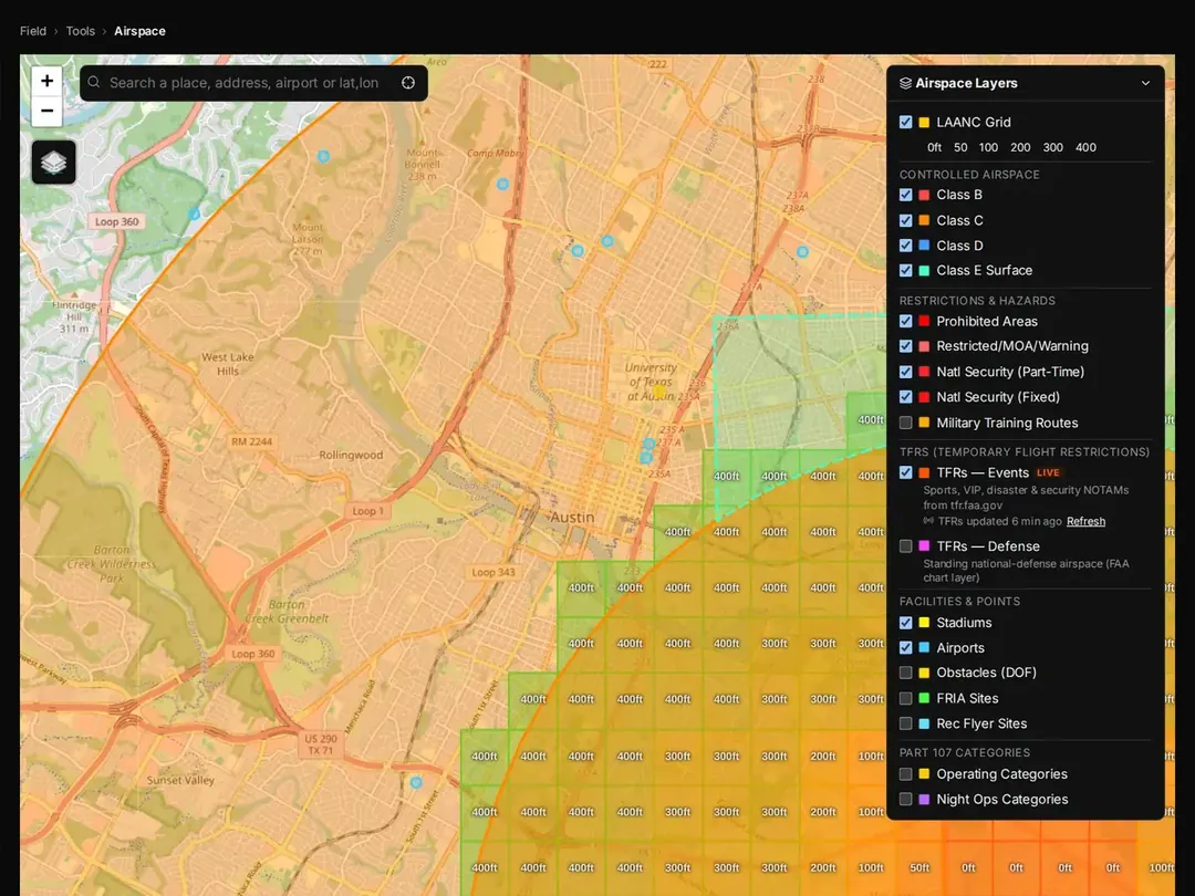 Airspace map with the LAANC grid, controlled airspace classes, restricted areas and live TFR layers.