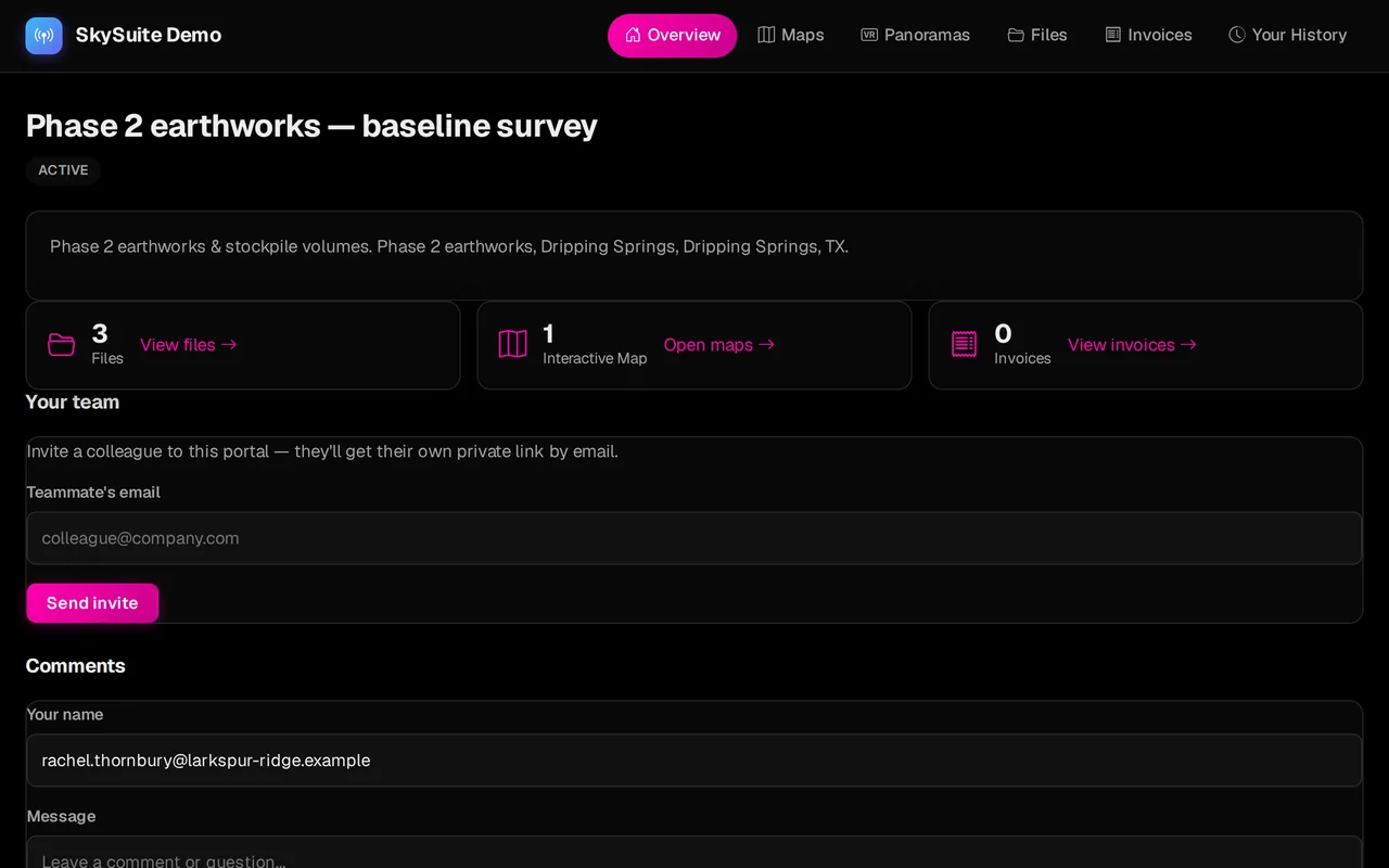 The client delivery portal for a baseline survey package: shared files, an interactive map and invoices, a teammate invite and project comments.