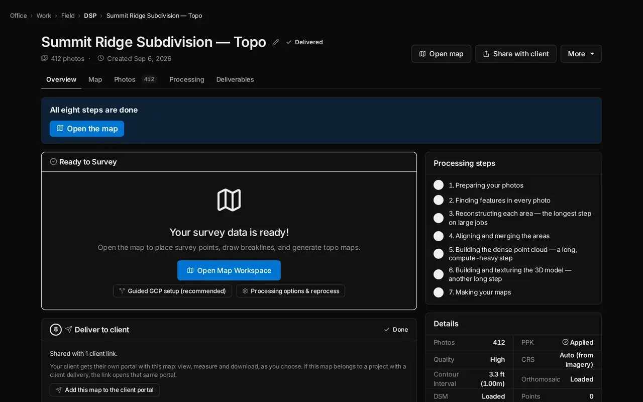 A SkySuite project page with all eight steps along the top, the map marked Delivered and the survey data ready to open.