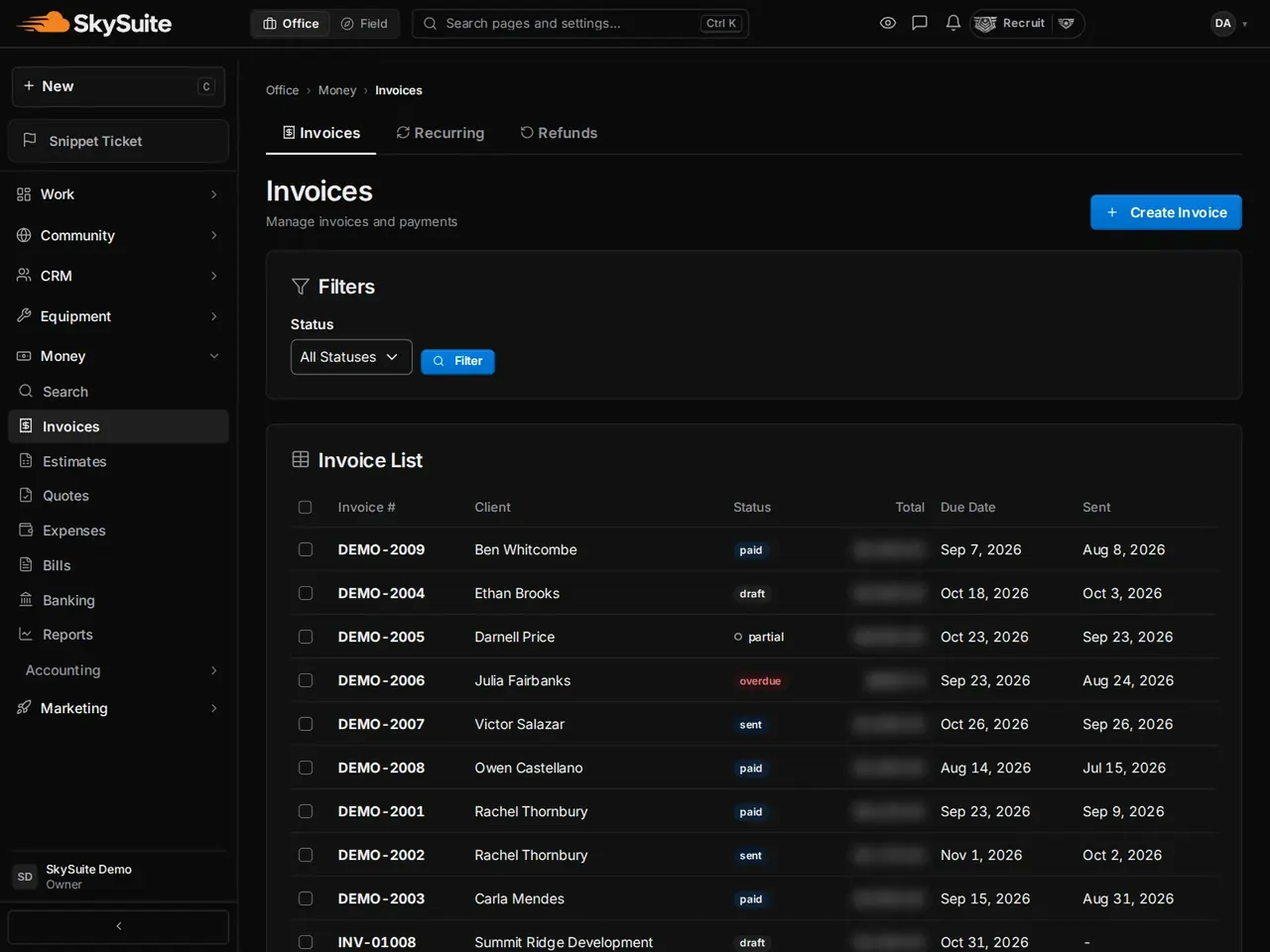 Invoice list with each invoice's client, status, total and due date, all sample clients.
