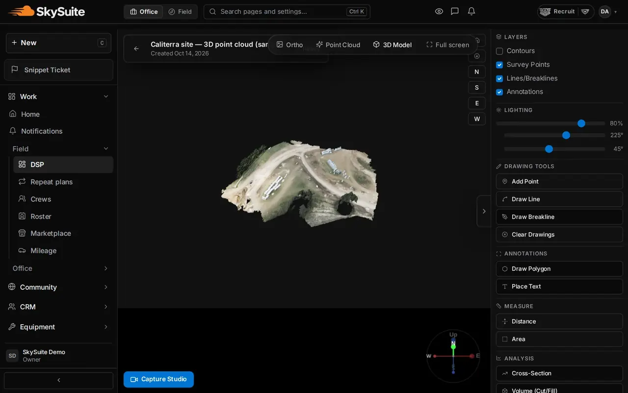 A processed map open on its 3D Model tab, with layers, drawing and measuring tools beside the model.
