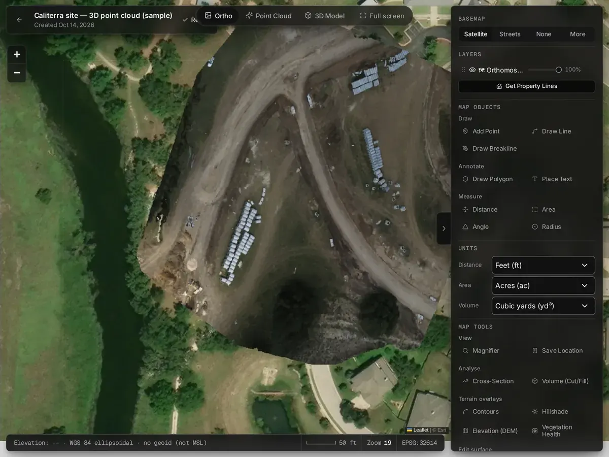 Orthomosaic of an earthworks site with stockpile layers, map objects and distance, area and volume tools.
