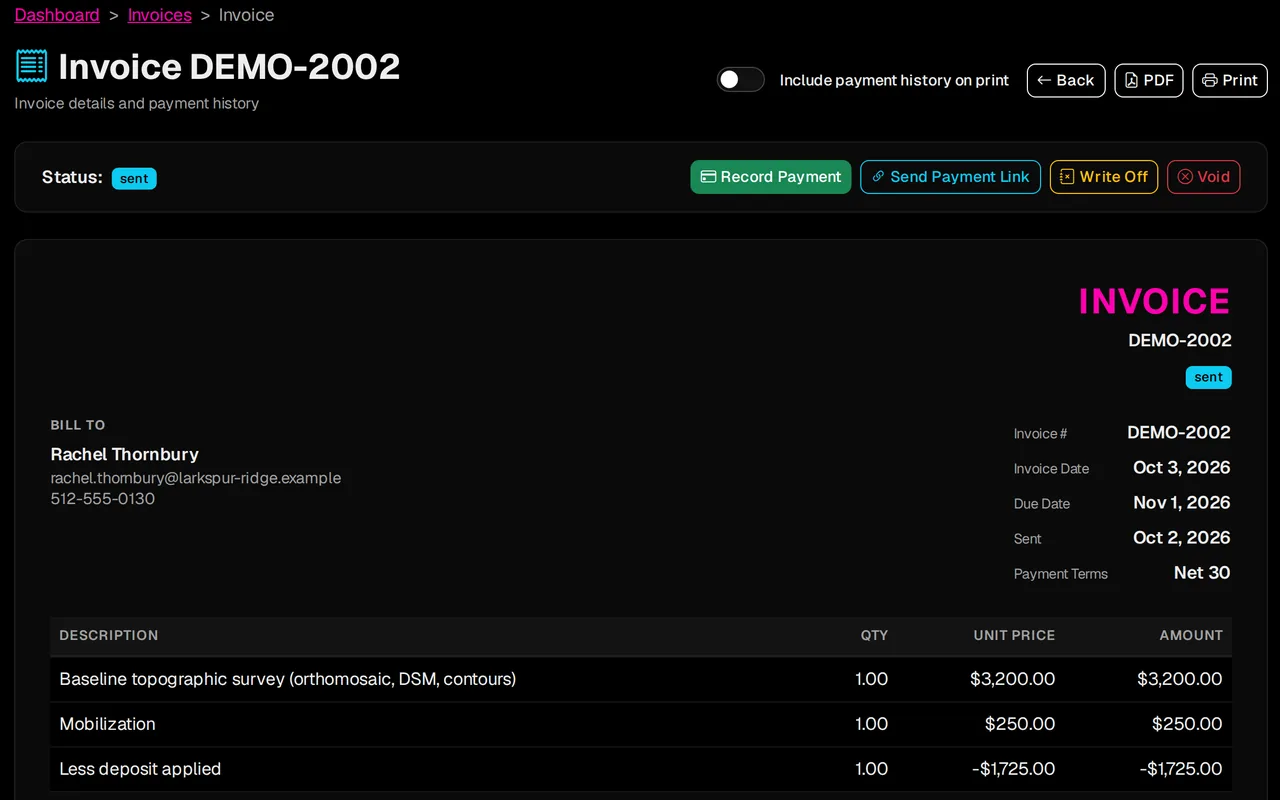 A SkySuite invoice with line items, tax and total, status Sent, and Record Payment and Send Payment Link actions.