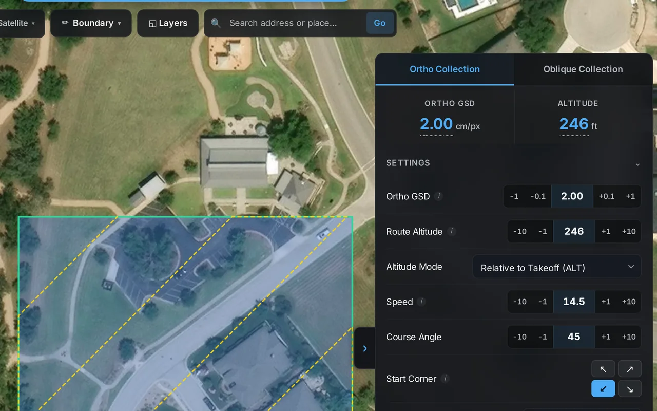 SkySuite flight planner: a site boundary drawn over satellite imagery with its generated lawn-mower route, and the ortho GSD (2.00 cm/px) and altitude (246 ft) computed for the aircraft.