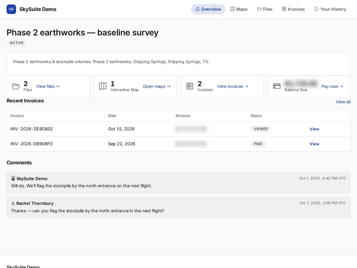 The client portal for one project: files, the interactive map, invoices and comments in one place.