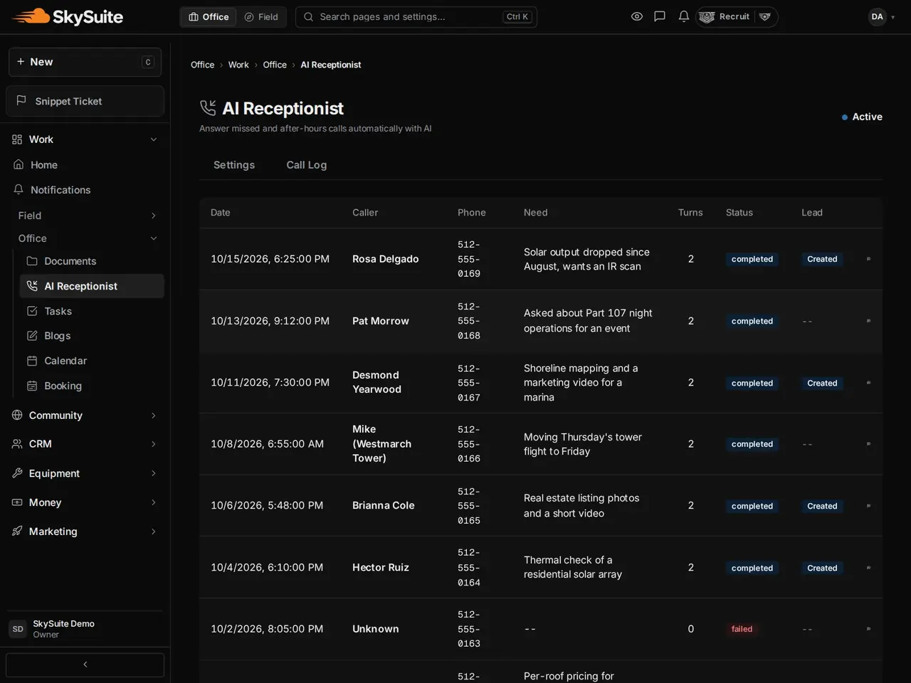 AI Receptionist Call Log: when each call came in, the caller, what they needed, the status and the lead it created.