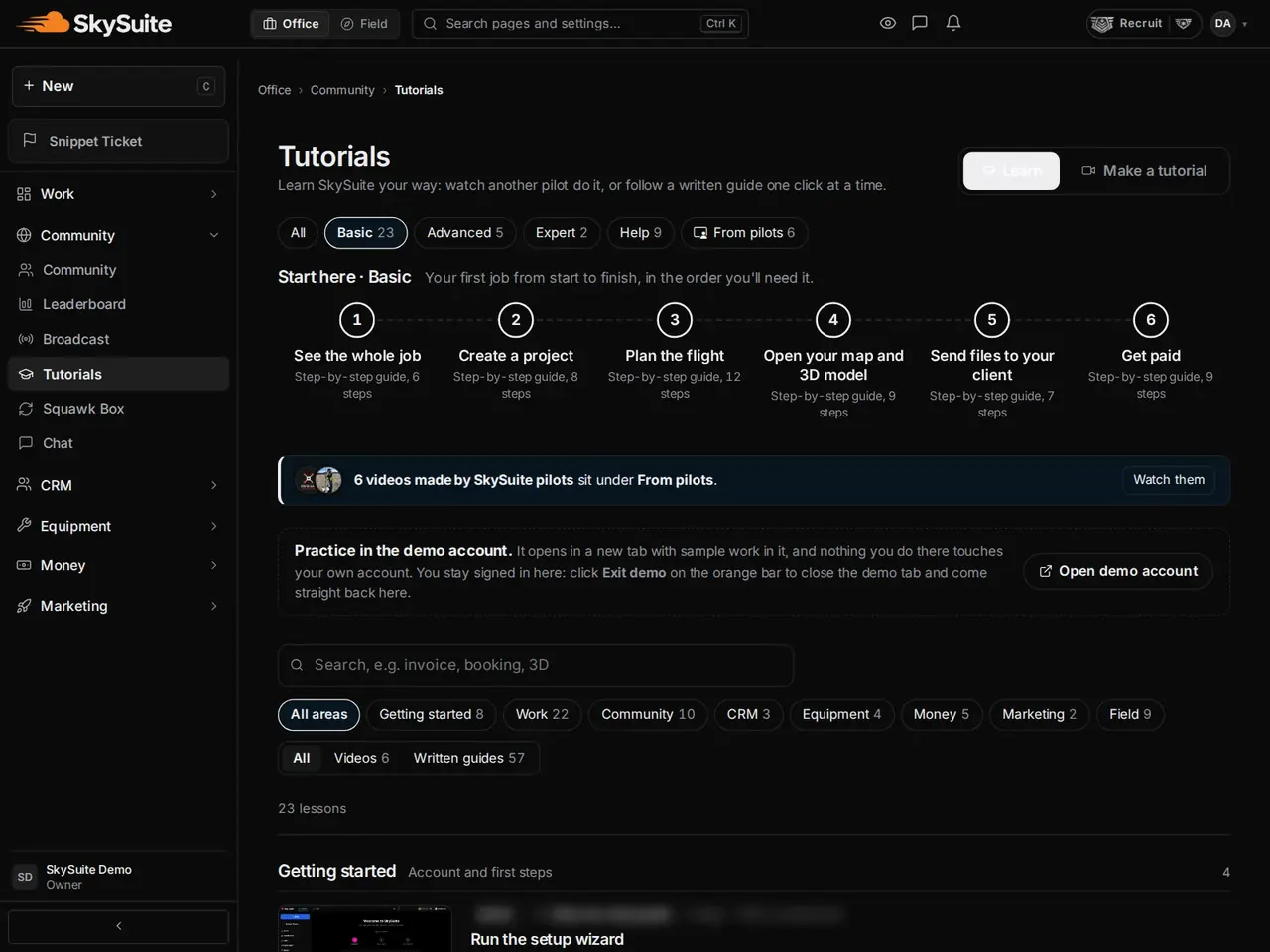 Tutorials: the six-step Start here path, the demo account and the guide library.
