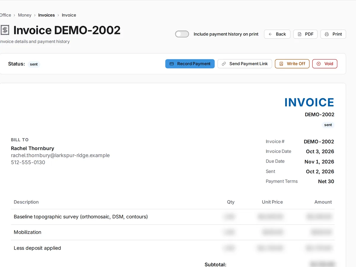 A SkySuite invoice with line items, tax and total, status Sent, and Record Payment and Send Payment Link actions.