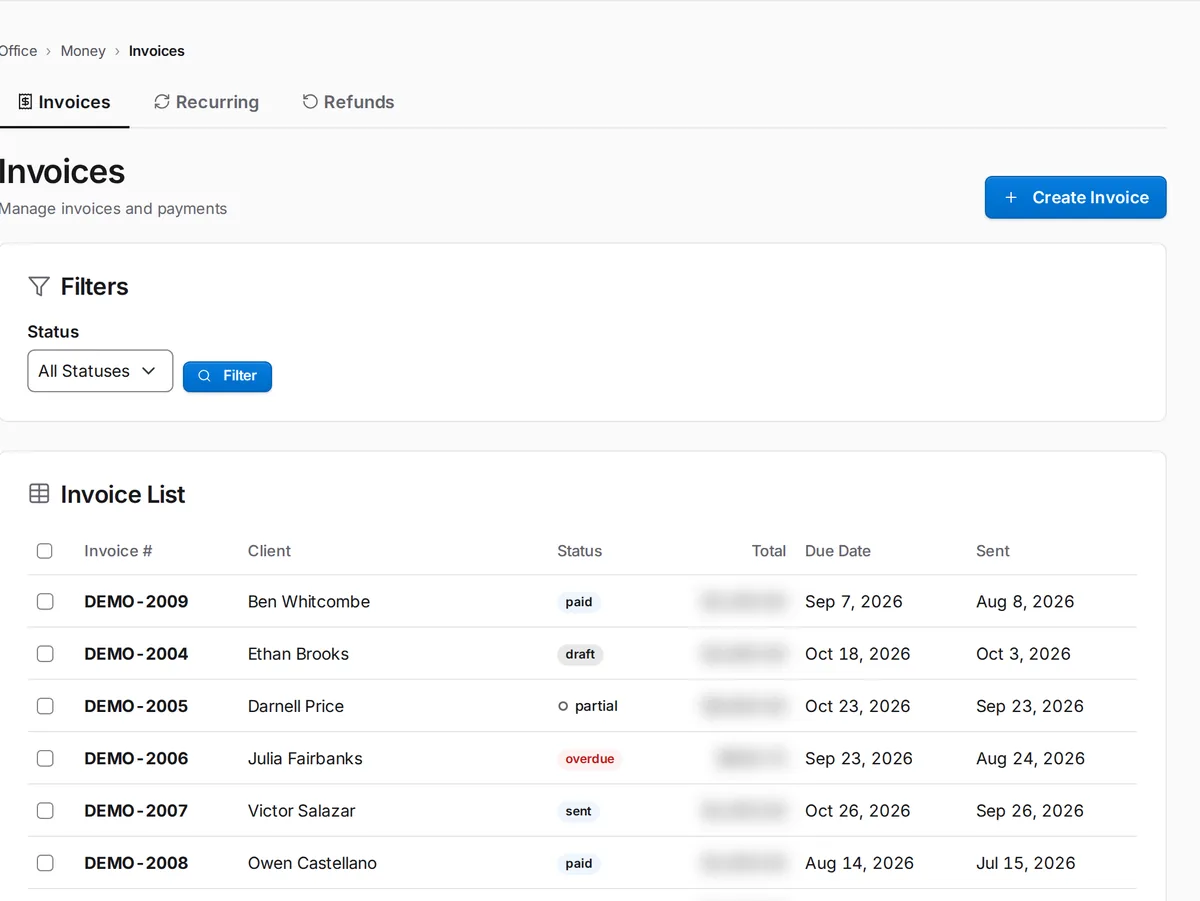 SkySuite invoice list: invoices by client with draft, sent, viewed, partial, overdue and paid statuses, totals and due dates.