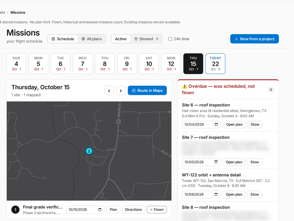 SkySuite Missions schedule: a date strip, the selected day's sites on a map, and missions still to be flown or scheduled.
