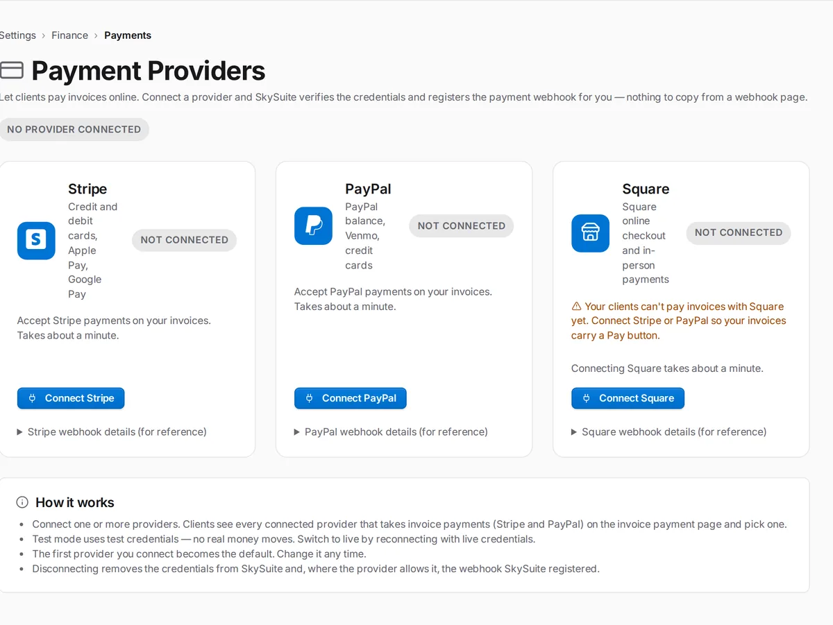 SkySuite payment providers: connect Stripe, PayPal or Square so clients can pay your invoices online.