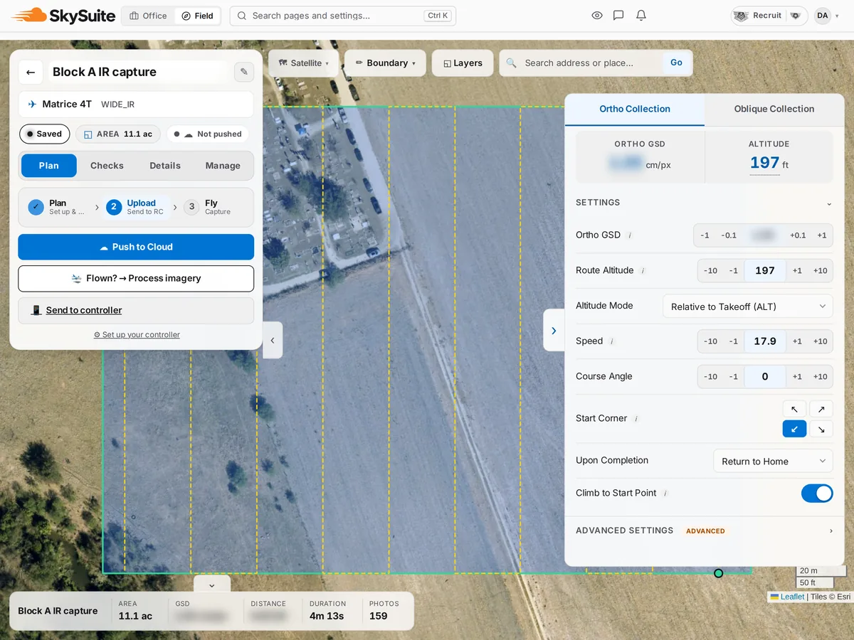 SkySuite flight planner: a solar-block mapping mission with its generated route, ortho GSD and altitude settings, and Push to Cloud.
