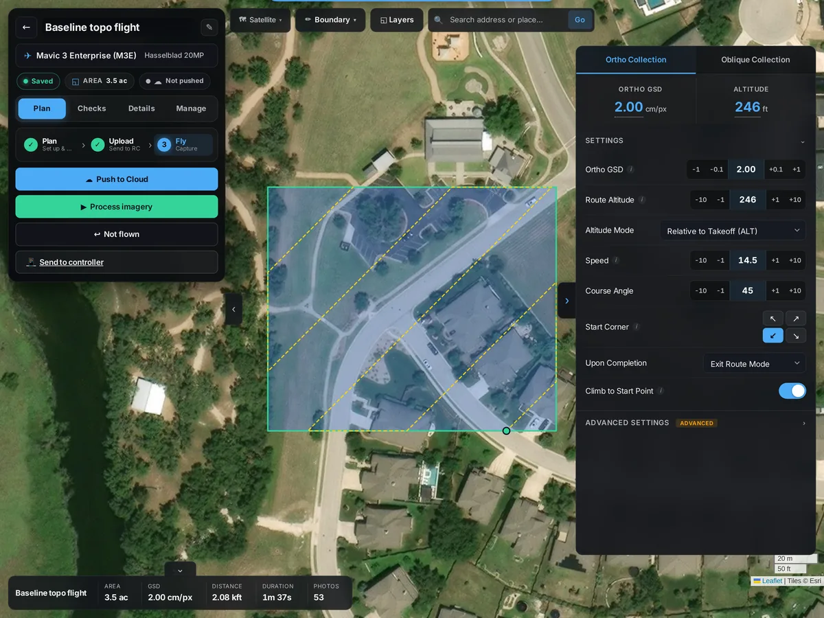 SkySuite flight planner: a 3.5-acre site boundary drawn over satellite imagery with its generated flight lines, Process imagery and Send to controller.