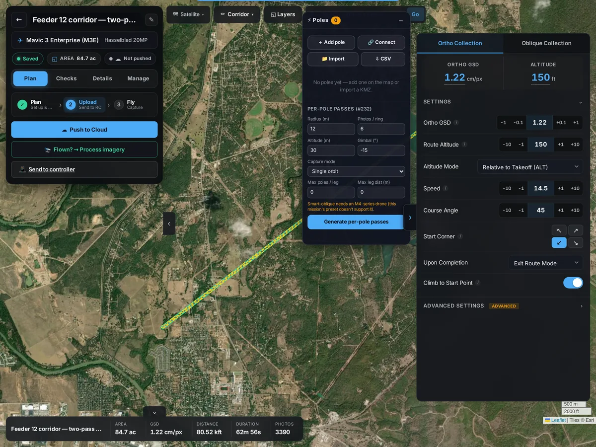 SkySuite flight planner: a planned 4.2-mile distribution-corridor route over satellite imagery, with its route altitude, speed and GSD settings.