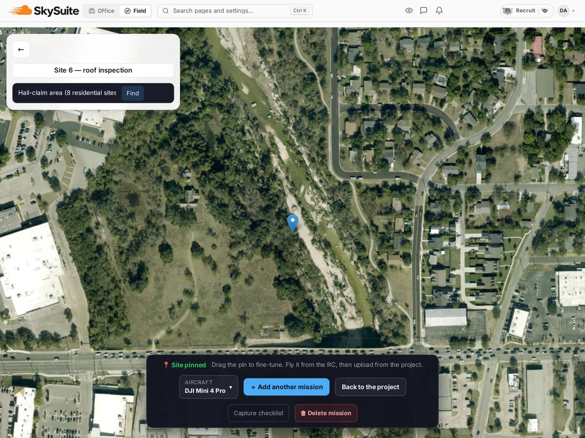 SkySuite flight planner: a roof-inspection site pinned on satellite imagery of a residential street, ready to add the mission and send it to the controller.