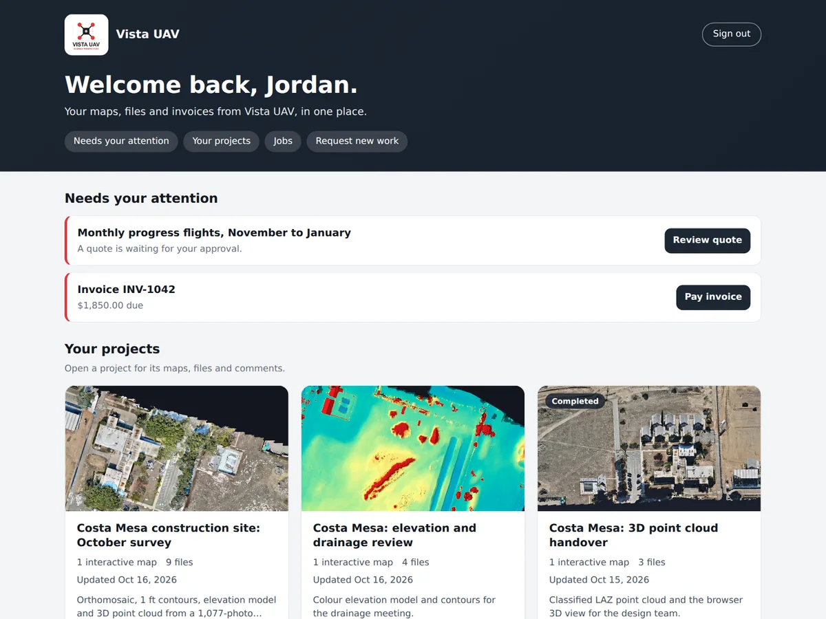 A client's portal home page, branded with the pilot's logo: a welcome, a quote and an invoice that need the client, and a card per project with its map picture and View map and Open project buttons.