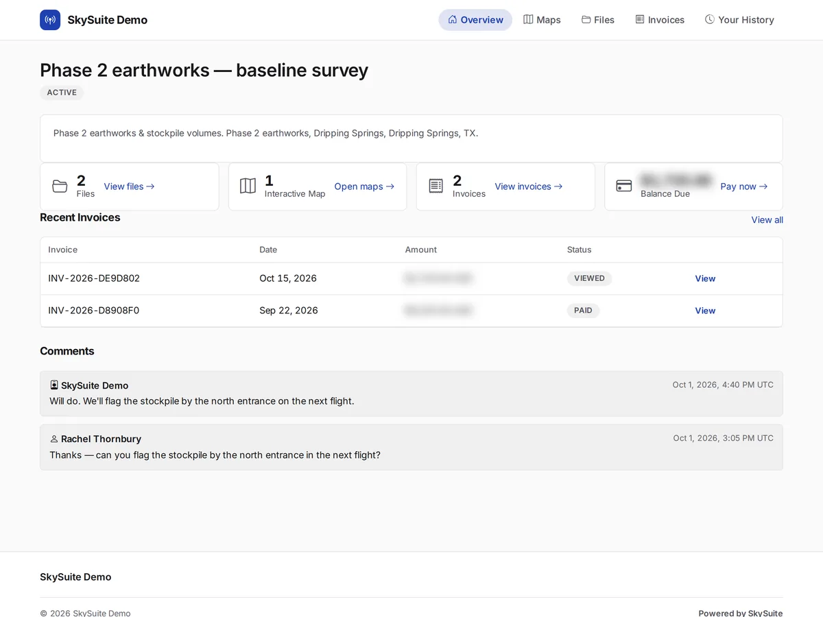 The client portal for one project, with files, the interactive map, invoices and comments in one place.