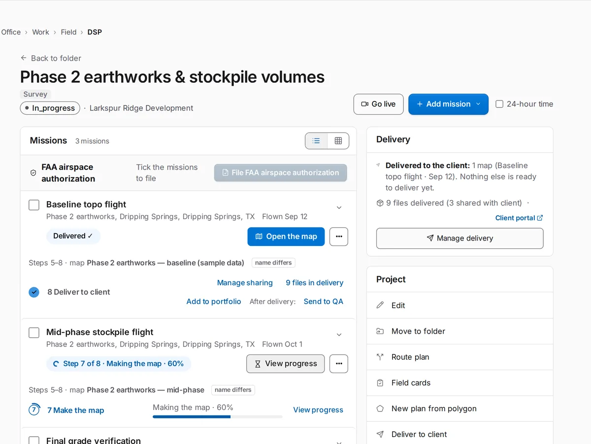 A SkySuite project record: client, value, signed contract and paid invoice, and three missions each showing its Plan, Fly, Process and Deliver progress.