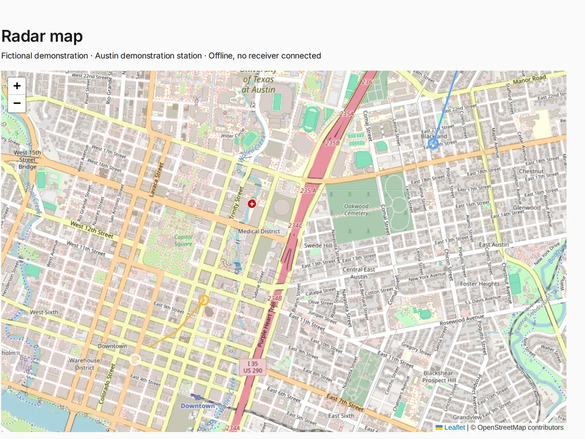 SkySuite radar map from a demonstration station: an ADS-B aircraft and a Remote ID drone with their tracks over a street map, listed below with altitude, speed and time.