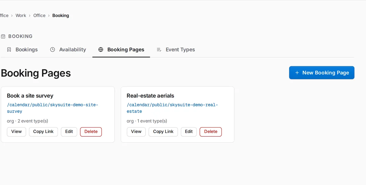 SkySuite Booking Pages: a site-survey booking page and a Real-estate aerials booking page, each with its public link, event types and View, Copy Link and Edit.