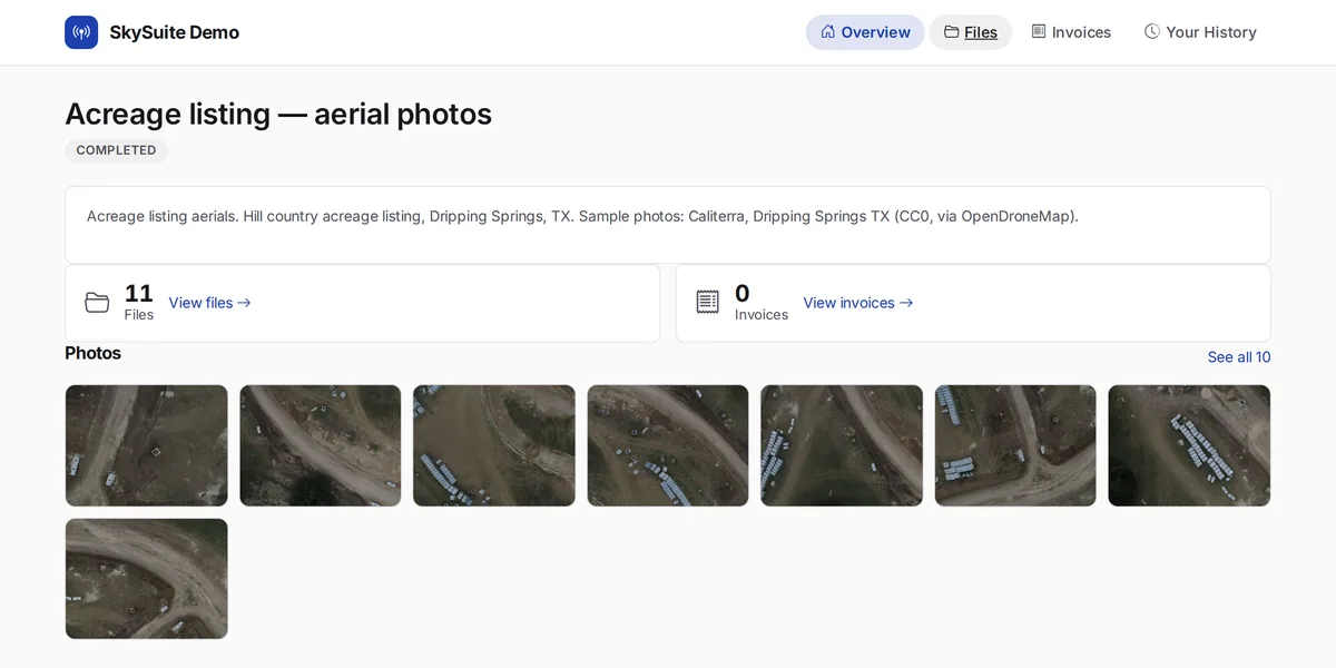 The client portal for an acreage listing shoot: the project marked completed, 11 files, the invoices link and a row of the listing's aerial photos.