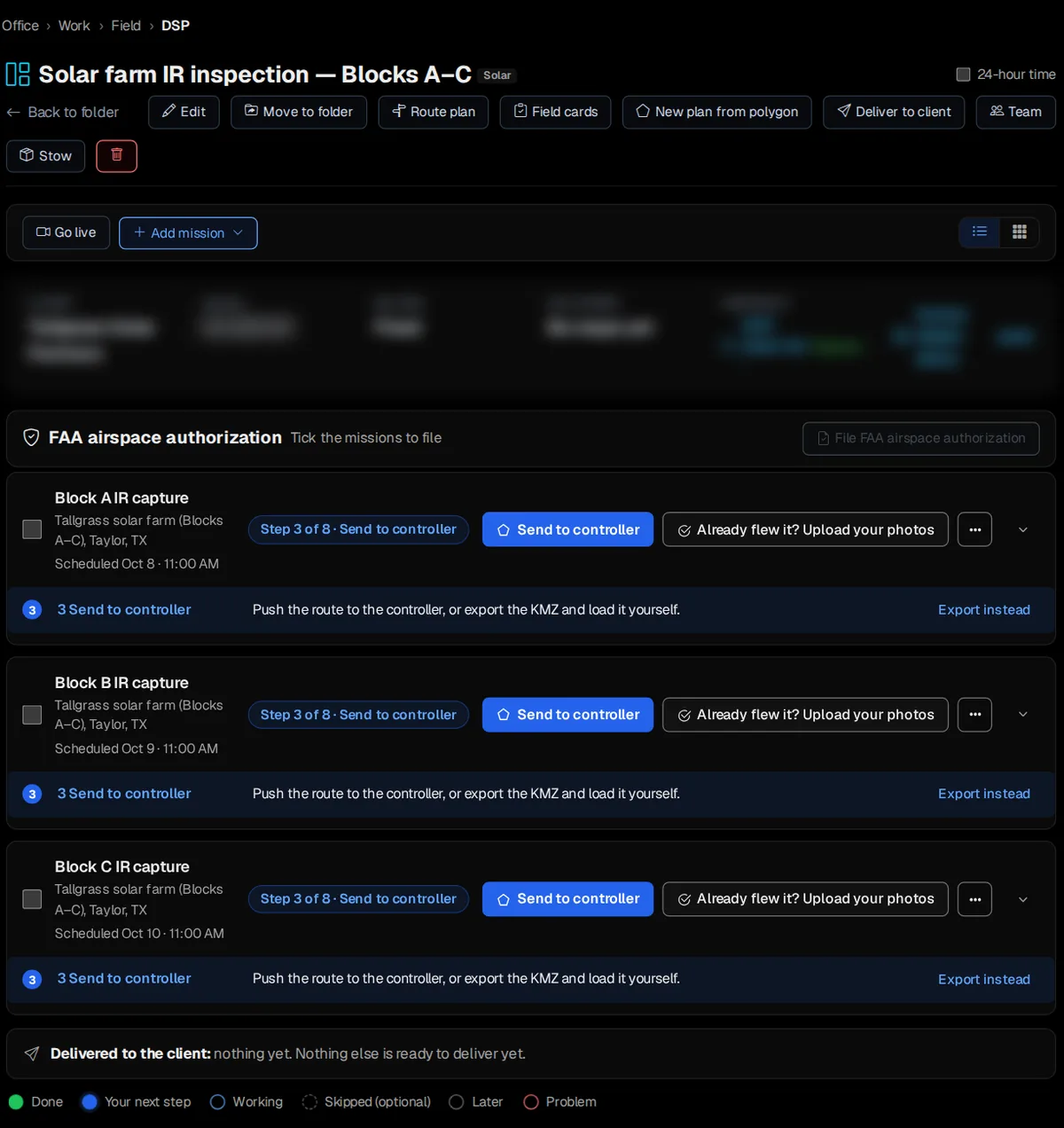 The demo project Solar farm IR inspection — Blocks A–C: an IR-capture mission for each block, scheduled on October 8, 9 and 10, each ready to send to the controller, with the client delivery below.