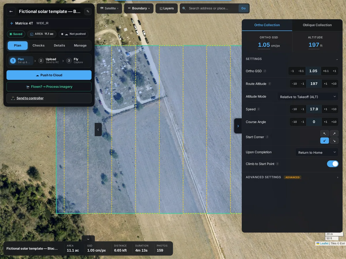 SkySuite flight planner: a Matrice 4T wide and IR solar-block mission at 197 ft (60 m) with its flight lines over satellite imagery and the capture settings panel.