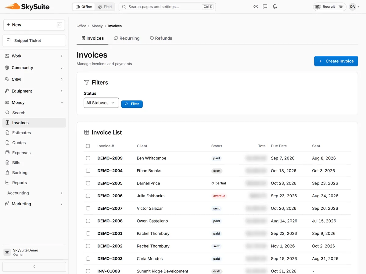 Invoice list with each invoice's client, status, total and due date, all sample clients.