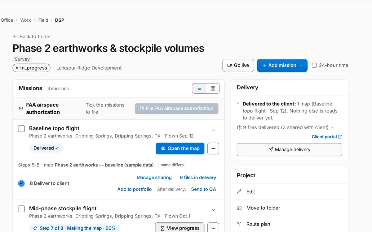 A SkySuite project page with its missions, the step each one is on (the first delivered to the client, the next making its map) and the project's delivery.