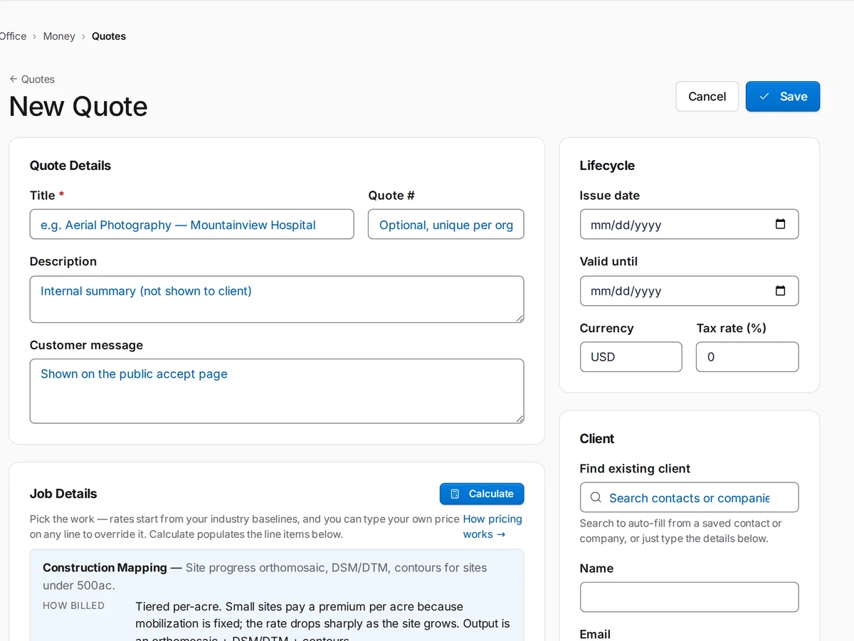 SkySuite New Quote: title, description and customer message, issue and valid-until dates, tax rate, client lookup, and Job Details with a Calculate button that starts from industry pricing baselines.