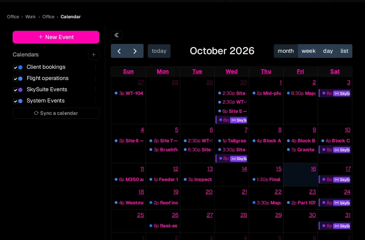 SkySuite calendar for October 2026: client bookings, flight operations and SkySuite events across the month, from tower orbits and roof inspections to block captures.