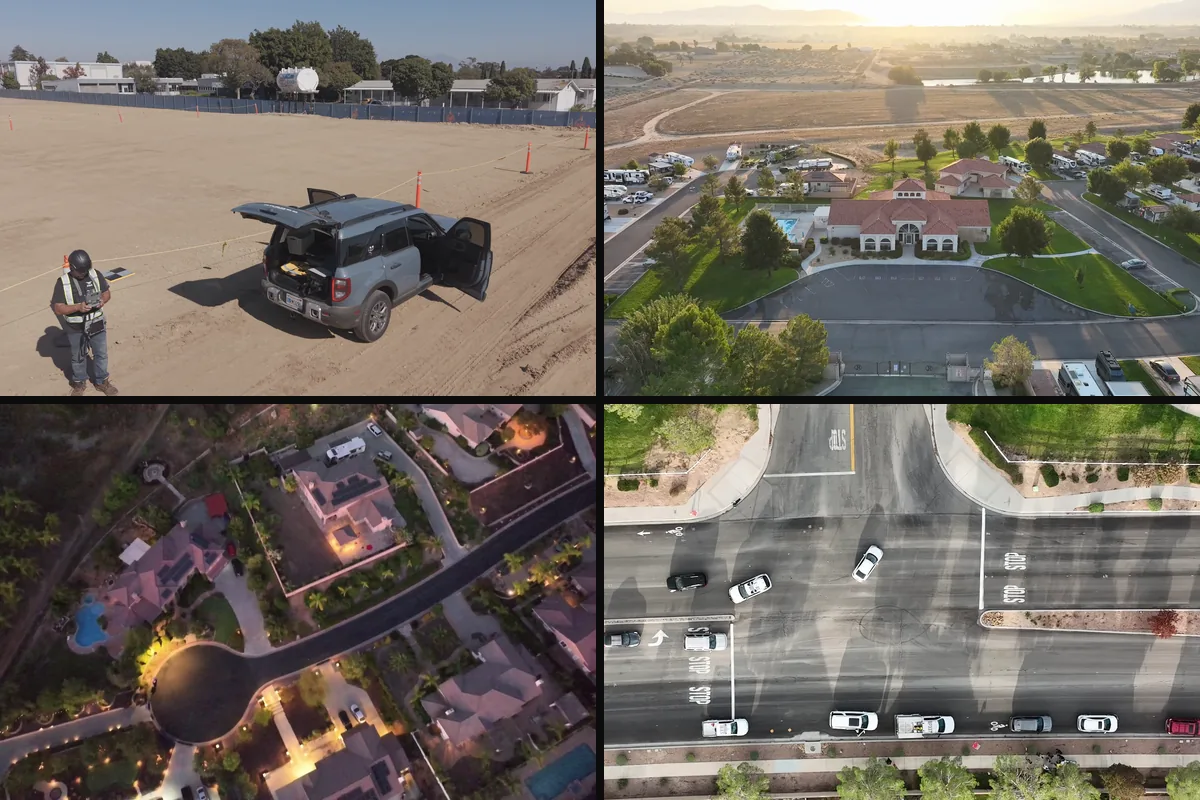Four real jobs from the air: a pilot and survey gear on a graded construction pad, a commercial building at sunrise, a residential cul-de-sac at dusk, and traffic at a city intersection.