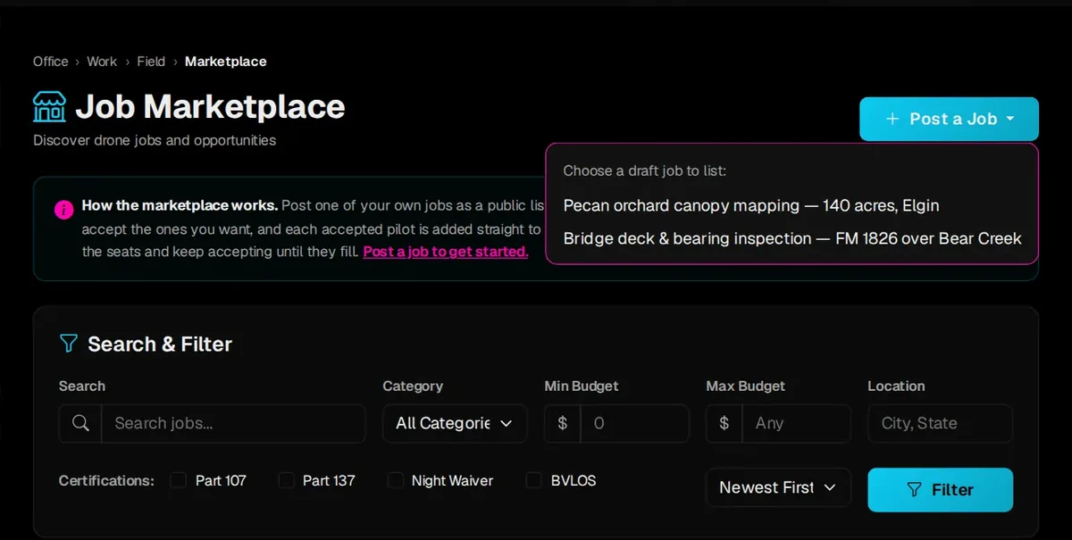 SkySuite Job Marketplace: Post a Job lists your draft jobs to publish, with search and filters by category, budget, location and certifications.