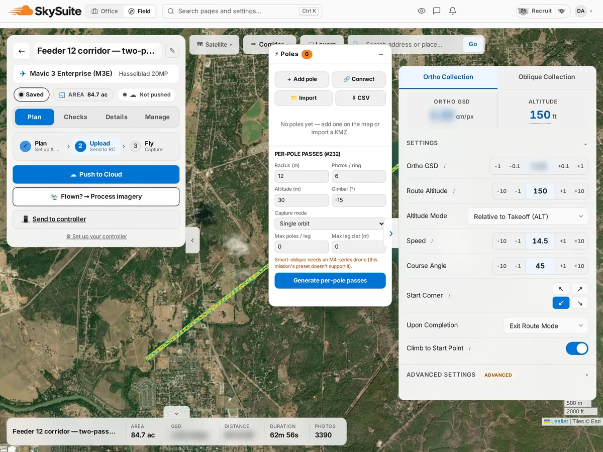 The SkySuite planner on a 4.2-mile pole corridor mission: the Poles panel with Add pole, Connect, Import and CSV, per-pole pass settings for radius, photos per ring, altitude and gimbal, and Generate per-pole passes beside the route settings.