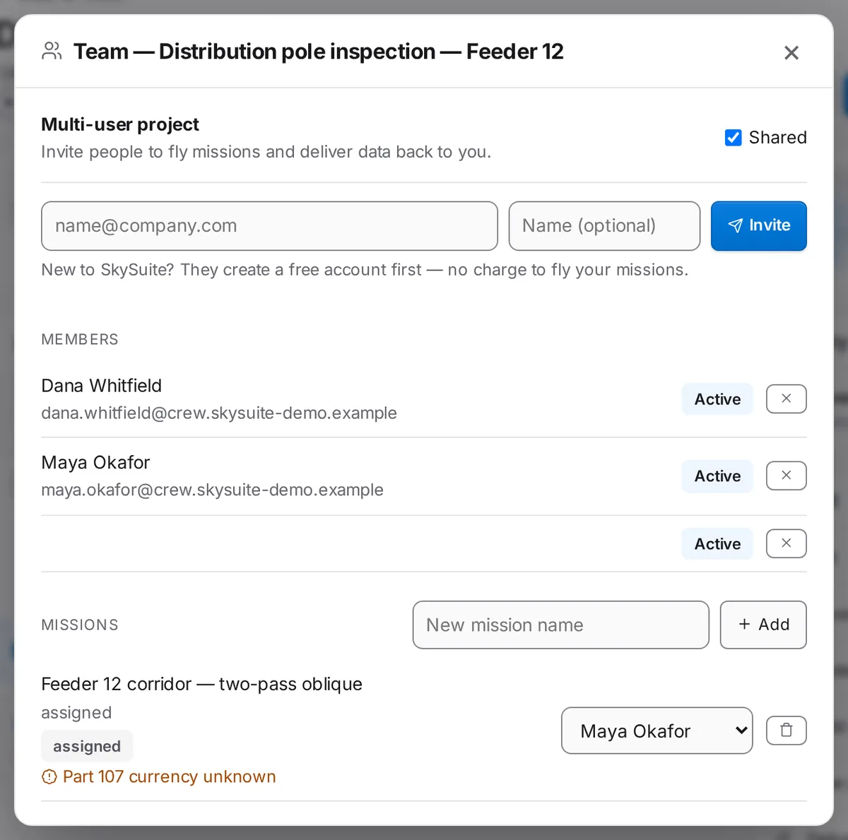 The Team box on the demo project Distribution pole inspection — Feeder 12: shared multi-user project, two active crew members, and the corridor mission assigned to Maya Okafor.